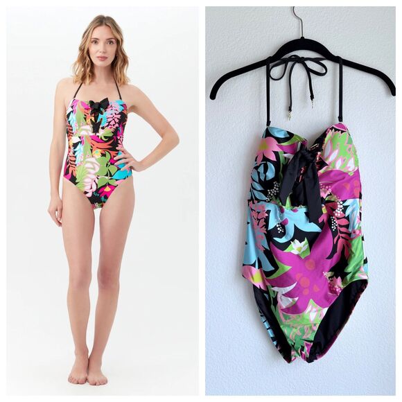 NWT Trina Turk Tiki Lace-Up Halter Bandeau One Piece Swimsuit in Multi Size 4 - Picture 1 of 14